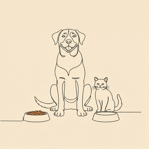 犬と猫がフードボウルのそばに座っているイラスト